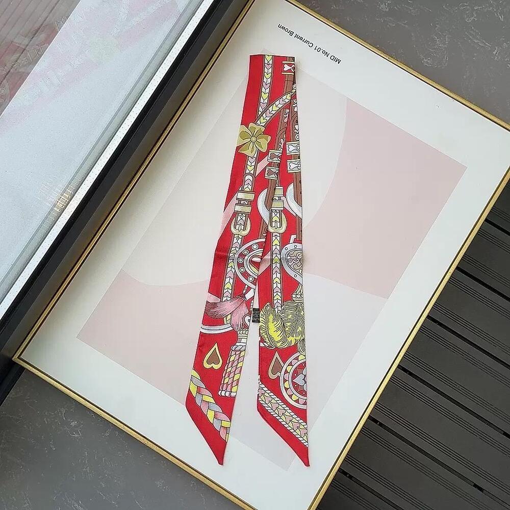 Luxury Style Braid Belt Heart Icon Print Silky Neck or Bag Scarf Red